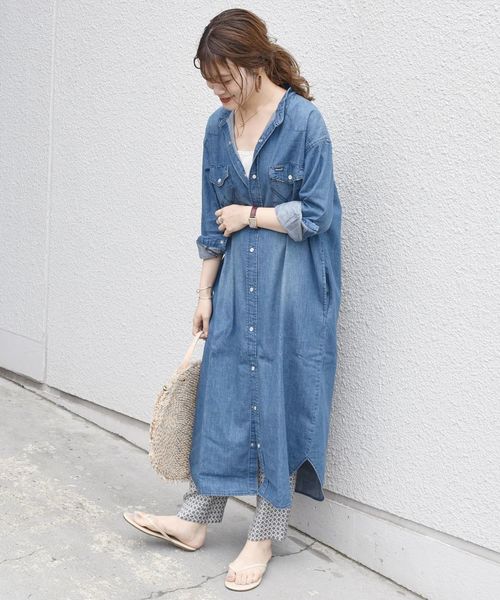 SHIPS Wrangler ノーカラーデニムシャツワンピース ライトブルー