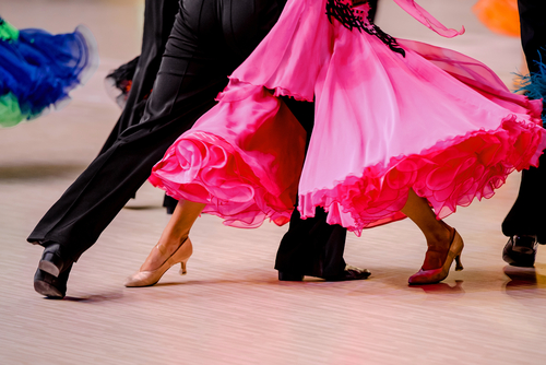 Competitions,In,Ballroom,Dancing.,Black,Tailcoat,And,Pink,Ball,Gown
