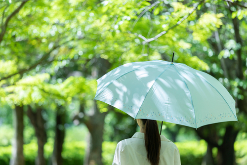 Young,Woman,With,An,Umbrella,In,The,Fresh,Green