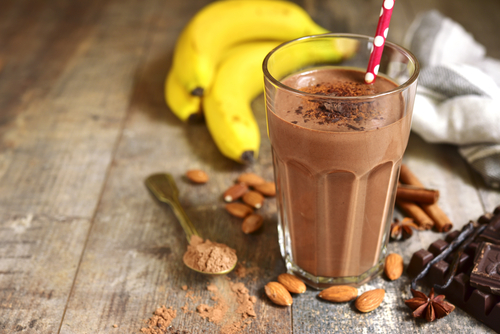 Homemade,Chocolate,Banana,Smoothie,In,A,Glass,On,A,Rustic