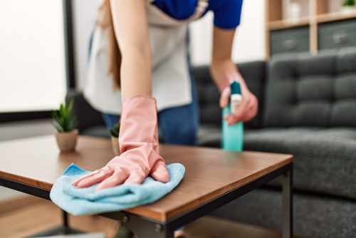 Woman,Cleaning,Table,Using,Rag,And,Diffuser,At,Home.